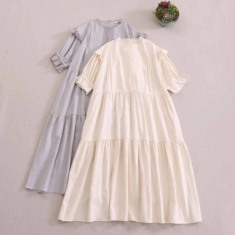 

Japanese Sweet Mori Girl Lace Patchwork Cotton Linen Dress Women Summer O-Neck Short Sleeve Solid Color Casual Loose Midi Dress