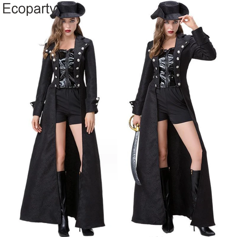 Casaco gótico medieval vintage para mulheres, uniforme de cosplay pirata renascentista preto, jaqueta steampunk, shorts e conjunto de chapéus, 3 unid, 2023