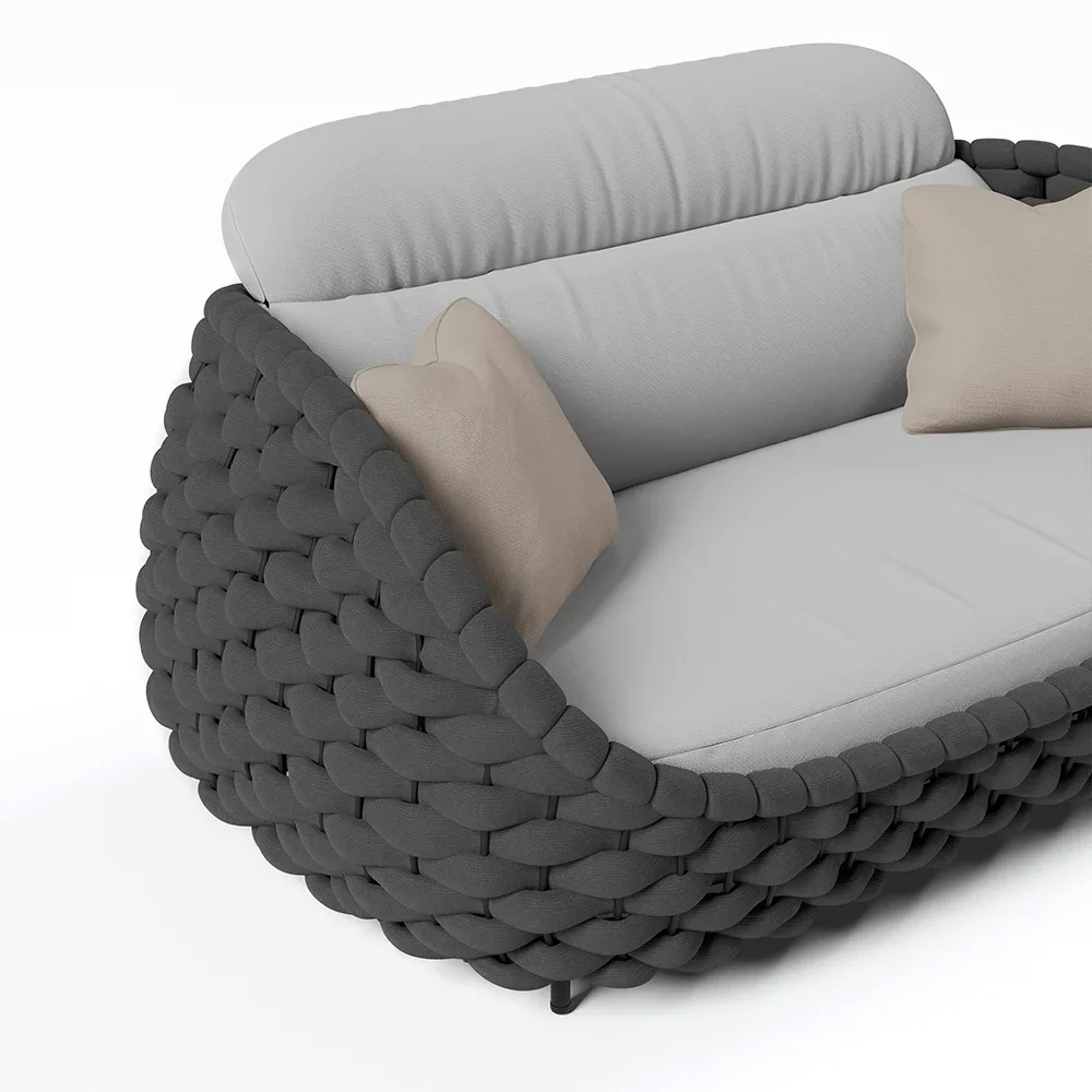 Tatta 2-Seater Woven Rope Outdoor Sofa Patio Loveseat Removable Cushion Gray & Black