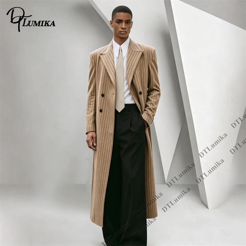 Distinctive 2-piece Men Suit Long Trench Coat Suit Khaki Pinstripe Slim Fit Overcoat Pants Set  Fall Winter Business Casual
