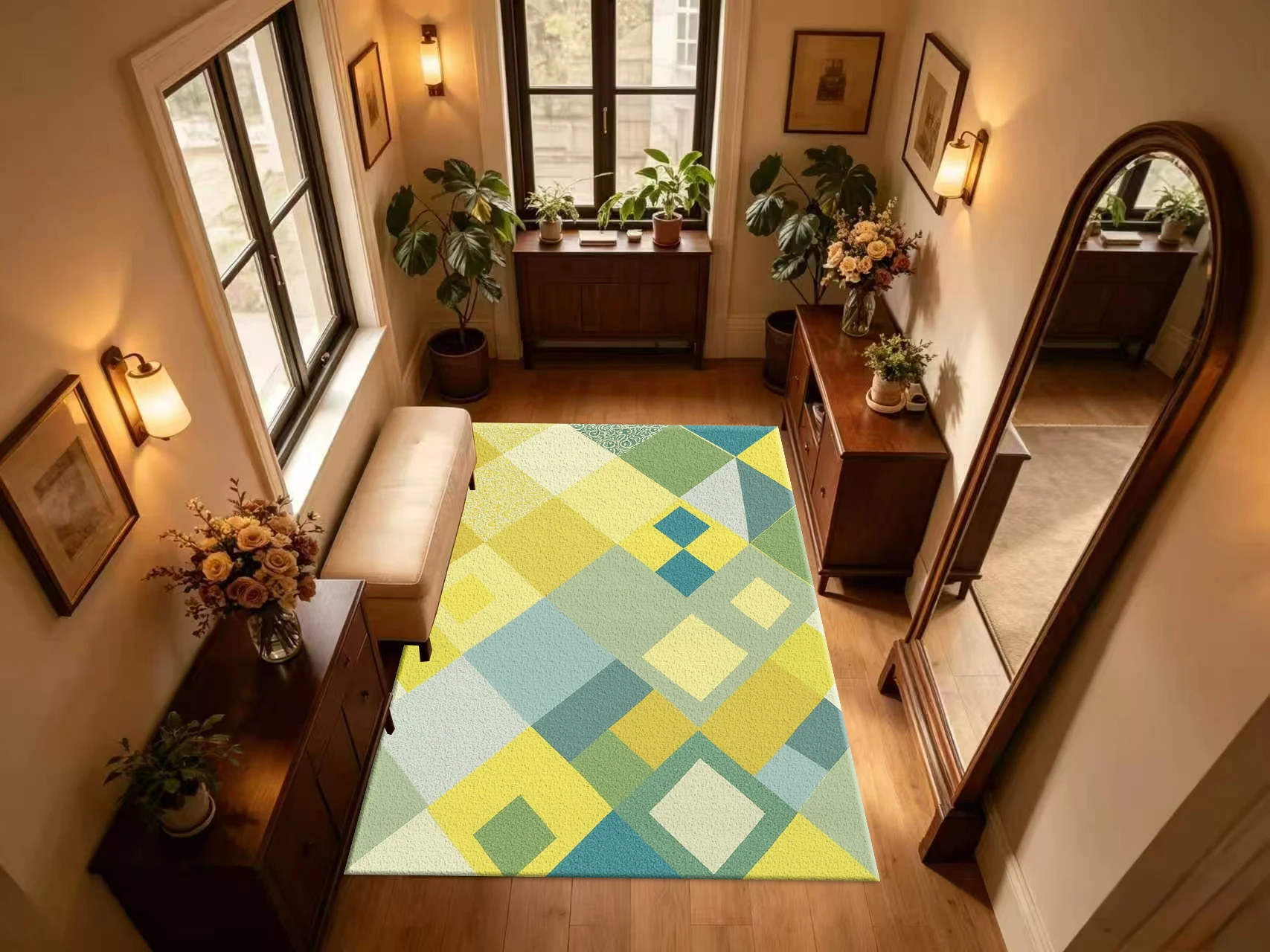 Soft Pastel Patchwork Diamond Carpet Flooring Mosaic Geometric Seamless Printed Floor Rug for Indoor Household Decor