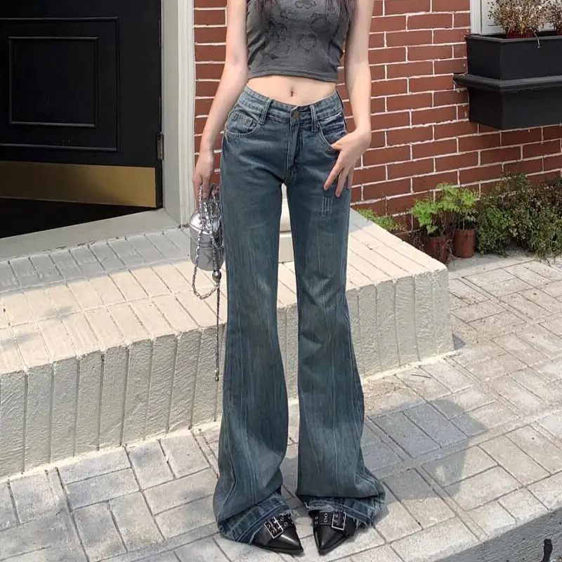 

QWEEK Vintage Blue Flare Jeans Woman America Retro Y2k Straight Denim Pants High Waist Office Lady Streetwear Wide Trousers