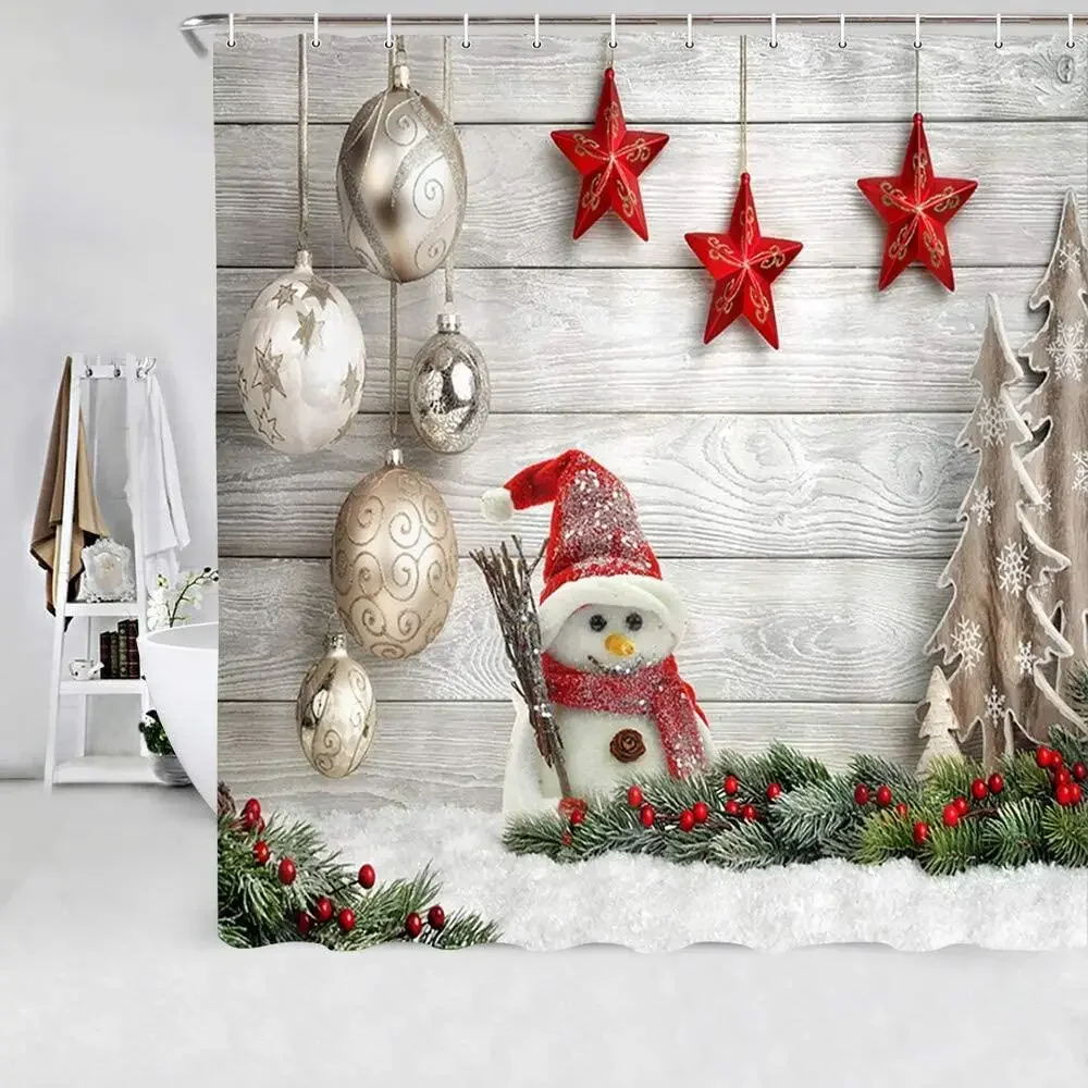 Christmas Shower Curtains, Stars Trees and Snow on Wood Plank Cute Snowman Polyester Fabric Bath Curtain Bathroom Set with Hooks