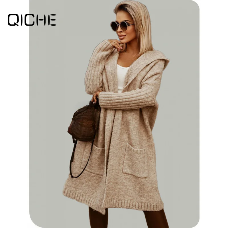 QICHE 2026 Women Hooded Long Knit Cardigan, Lapel Collar Loose Chunky Sweater Coat, Fall Winter Open Front Knit Outerwear