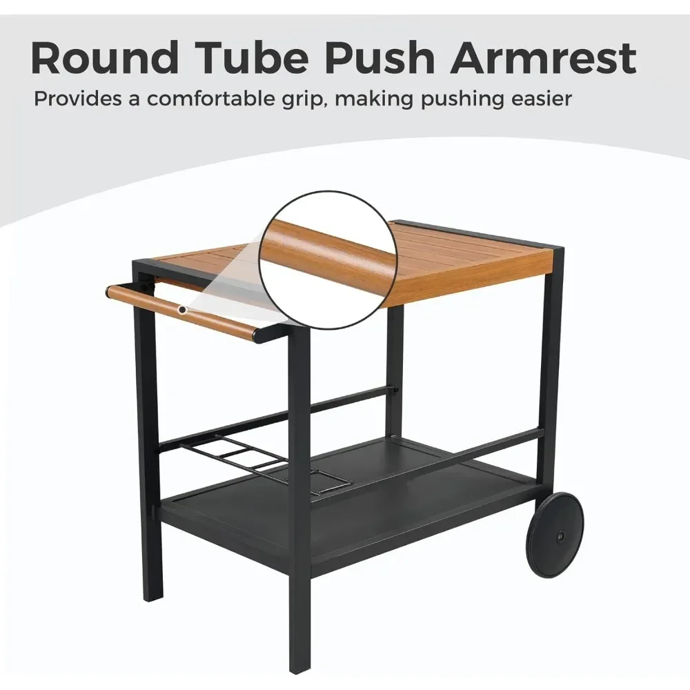 Carro de bar al aire libre con botellero, carrito de comedor con parrilla con doble estante, carrito de servicio de aluminio con mesa con acabado de veta de madera