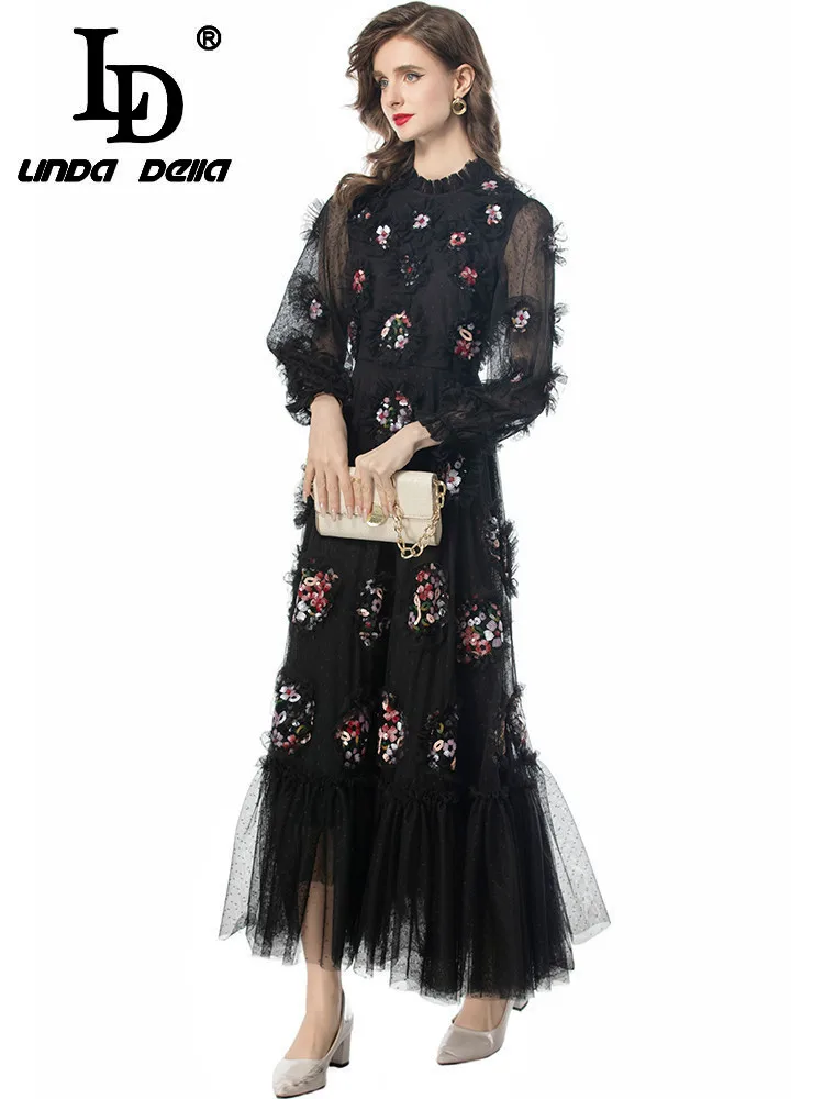 LD LINDA DELLA 2024 New Style Runway Designer Dress Women's Vintage Net Yarn Sequins Flowers Ruffle Hem Gorgeous Sexy Dresses