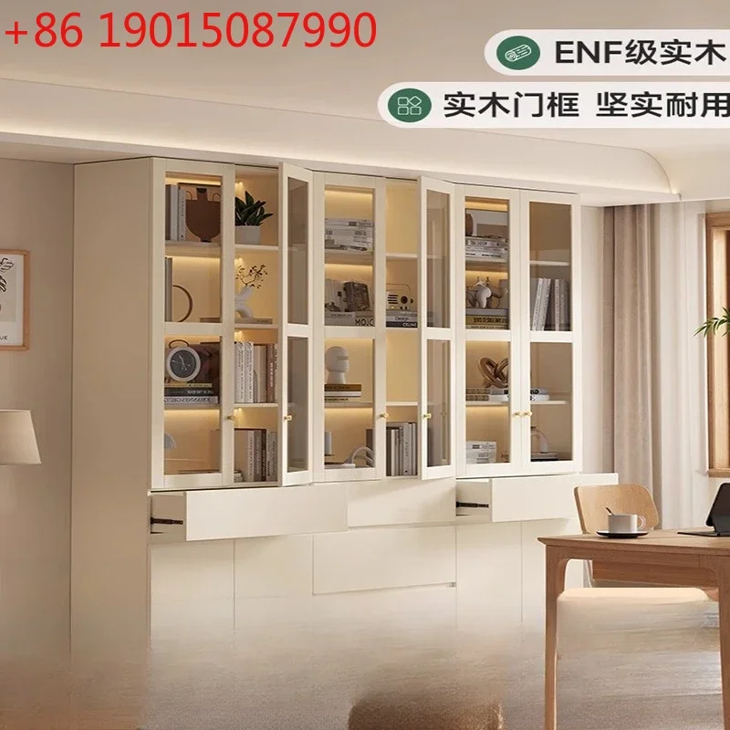 

Solid wood oak bookcase to the top full wall display cabinet household glass floor-to-ceiling white combination storage