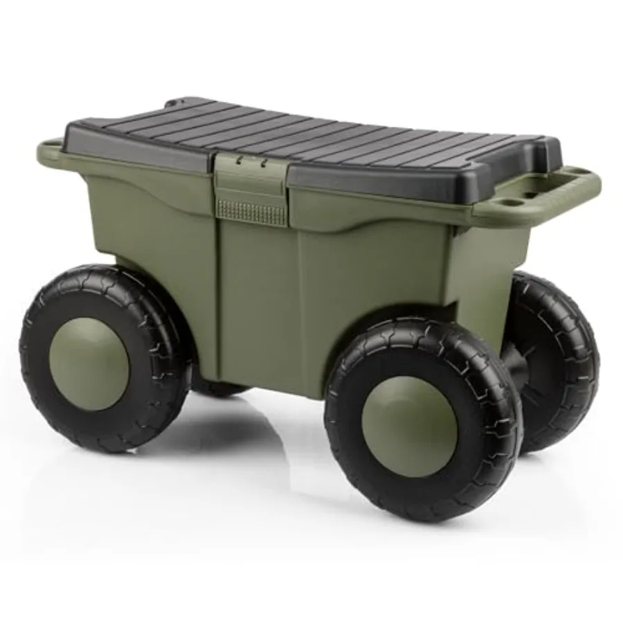 

Садовая тележка на колесиках с сиденьем для садовых задач на открытом воздухе Прочная пластиковая тележка для хранения со встроенной скамейкой и внутренней частью