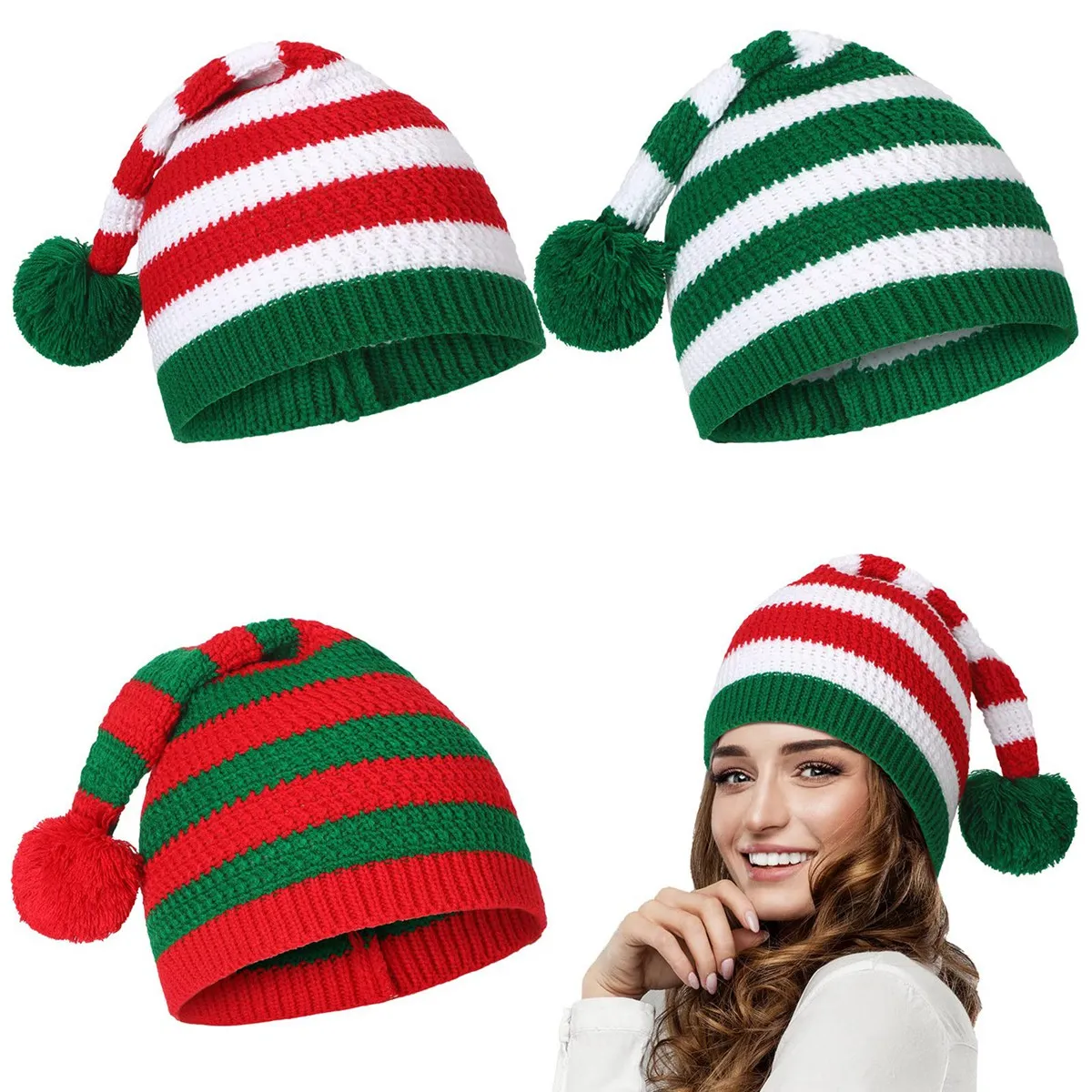 Hot kf-3Pcs Christmas Gift Santa Knit Crochet Cap Knitted Crochet Christmas Hat For Adults