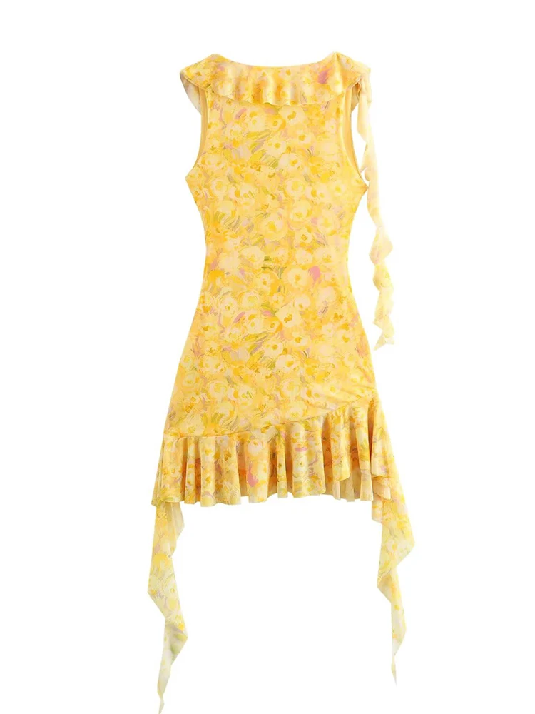 TRAF 2024 Summer Women Printed Pleated Dress Elegant Ruffles Sleeveless Mini Dress Fashion Female Slim Folds Beach Party Dress