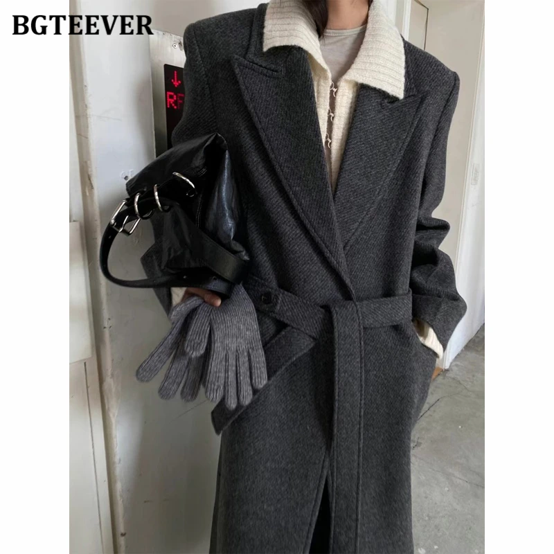 BGTEEVER Casual Warm Loose Female Long Woolen Jacket Winter Fashion Long Sleeve Lace-up Women Thicken Blend Coats Ladies Outwear