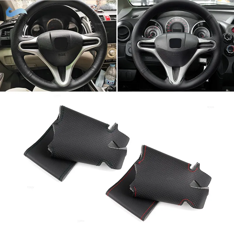 Hand Braid on Steering Wheel For Honda Fit Jazz City 2009 - 11 12 2013 Insight 2010-2014 Car Steering Wheel Cover Leather Trim