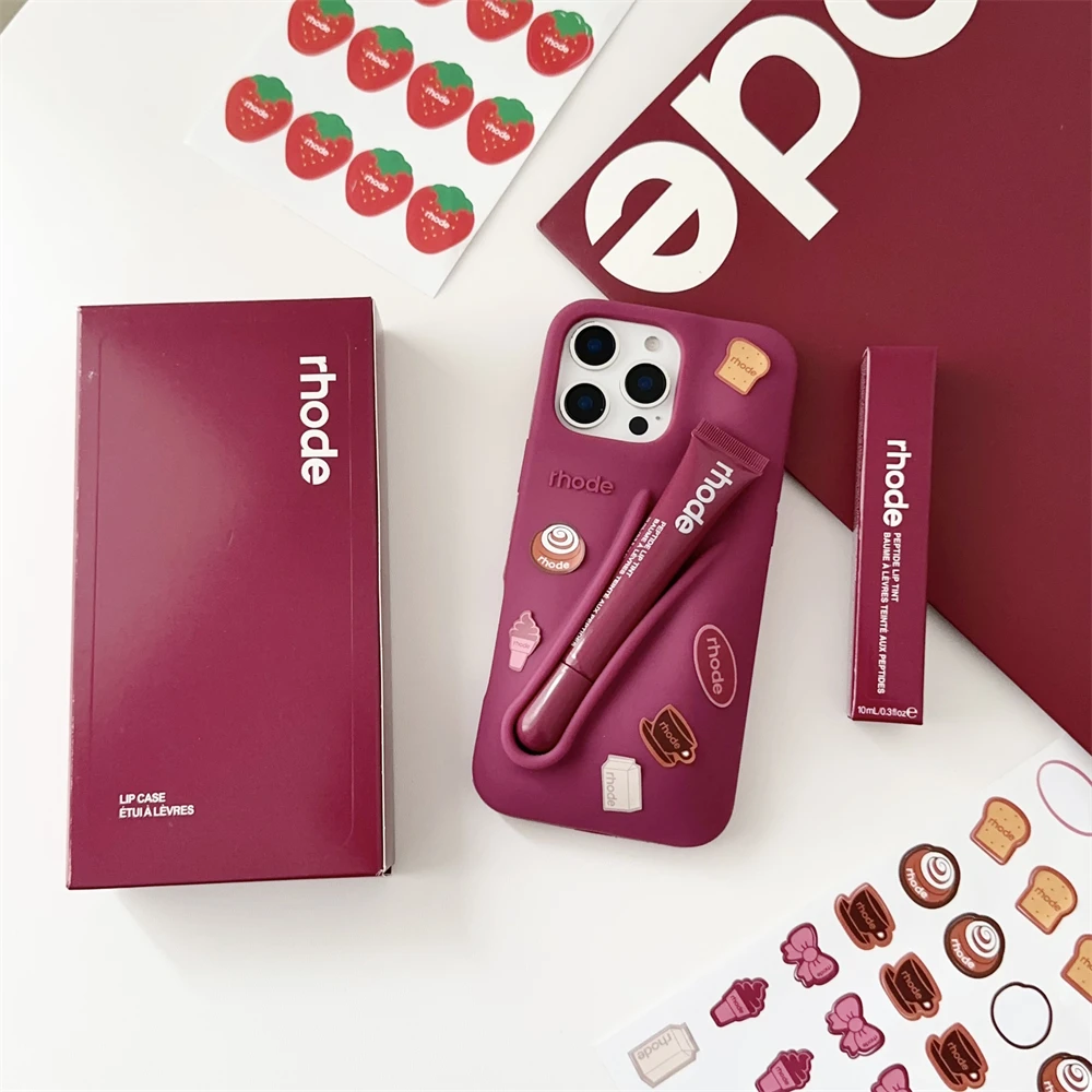 

Rhode DIY Silicone Phone Case for iPhone 16E 16 15 13 12 11 Pro Max Plus Lip Gloss Holder Shopping Set Box Cover with Stickers