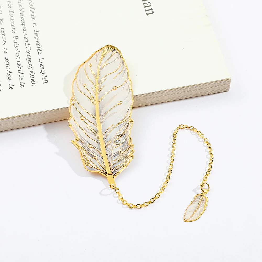 Colorful shiny feather bookmark, gold metal feather pendant bookmark, ideal reading gift for bookworms and book lovers