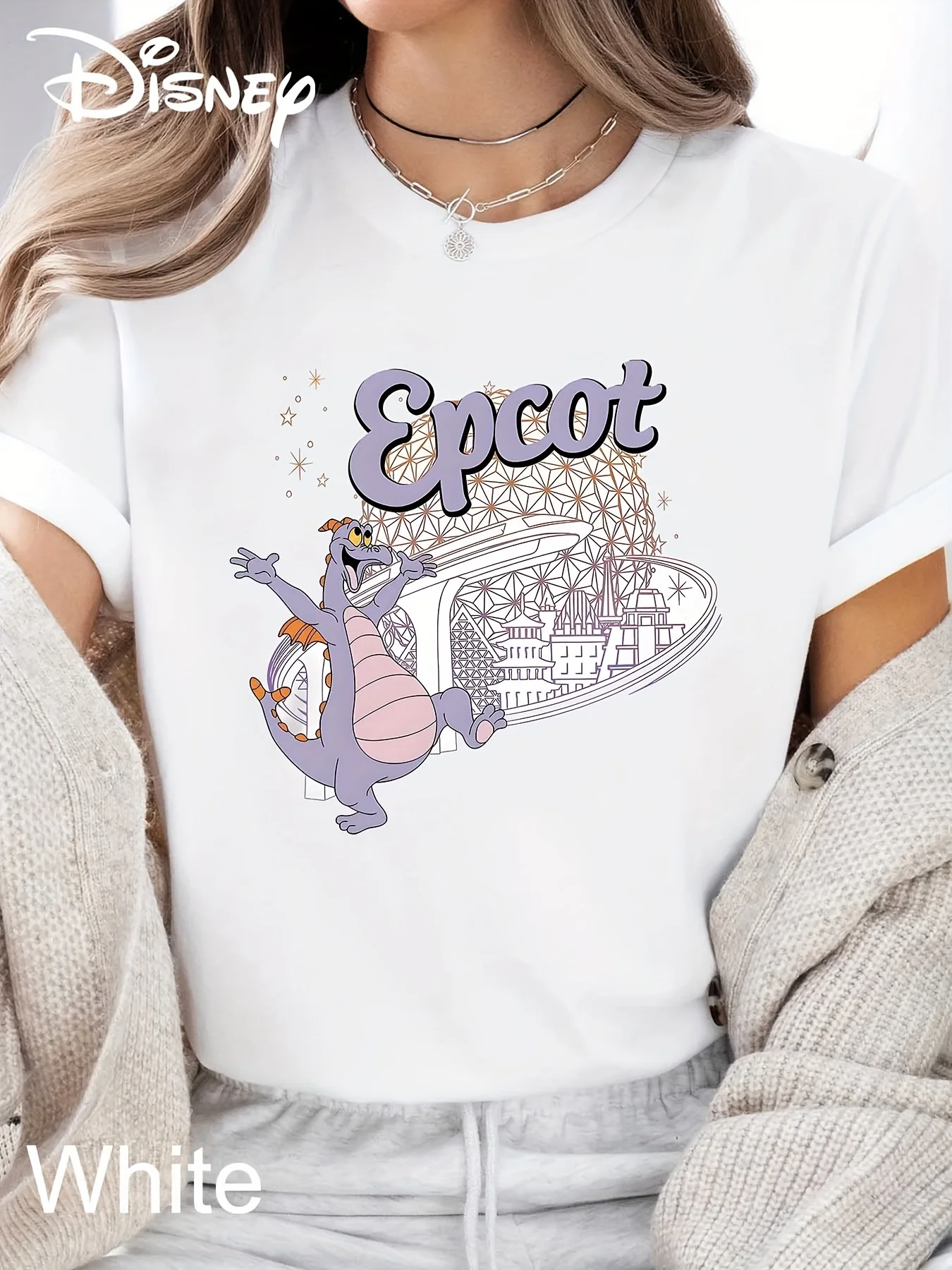 Disney Dragon 2025 vakantie dames T-shirt - puur, ronde hals, korte mouw, cartoon afbeelding, casual stijl voor sportschool