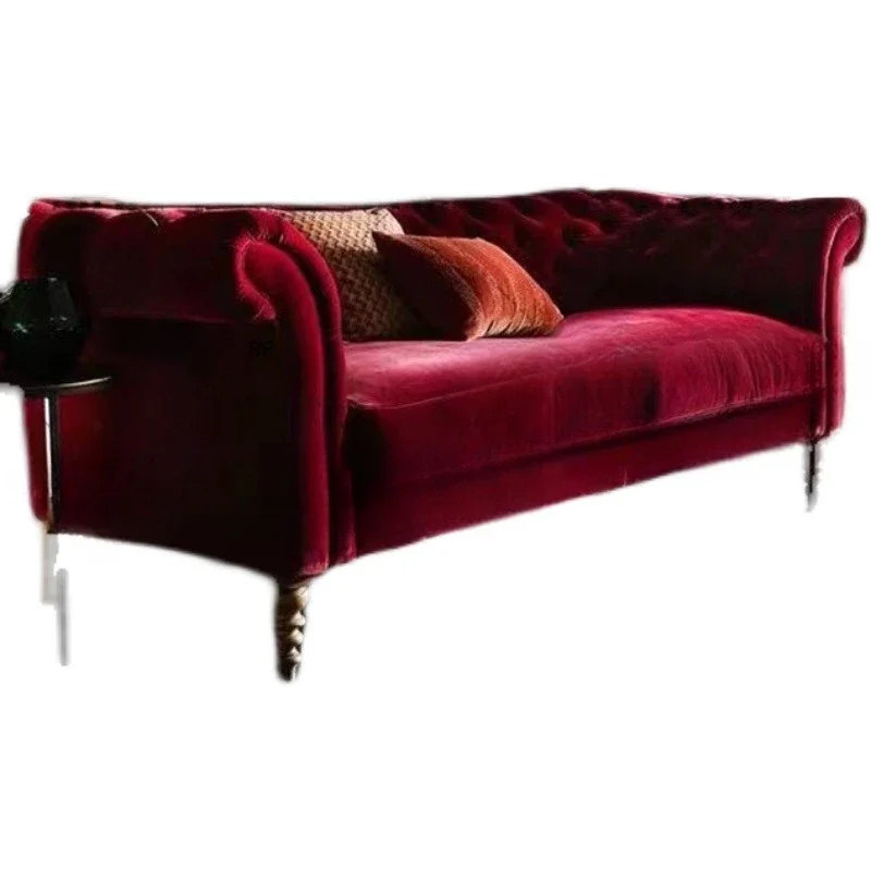 

Retro burgundy fabric solid wood small apartment double triple living room sofa French bedroom home American buckle