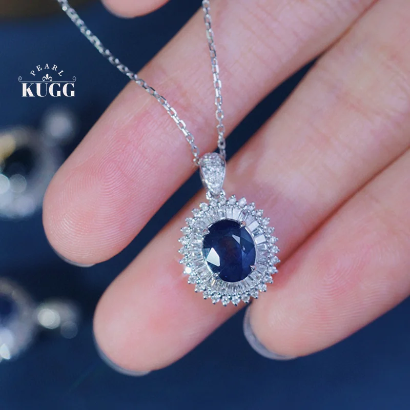 KUGG 18K White Gold Necklace Elegant Shiny Design Real Natural Diamond Natural Sapphire Necklace for Women High Wedding Jewelry