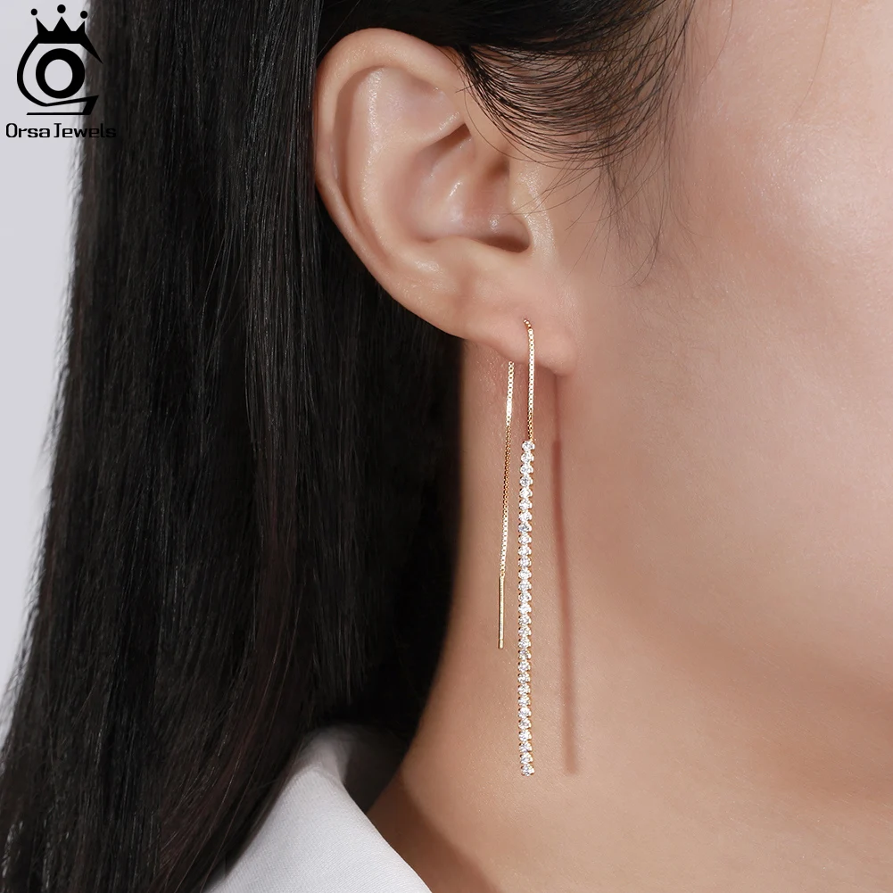 ORSA JEWELS 925 Silver Minimalism Dangle Long Chains Earrings for Women Vintage Cubic Zircon Drop Earings Jewelry Gifts SE111