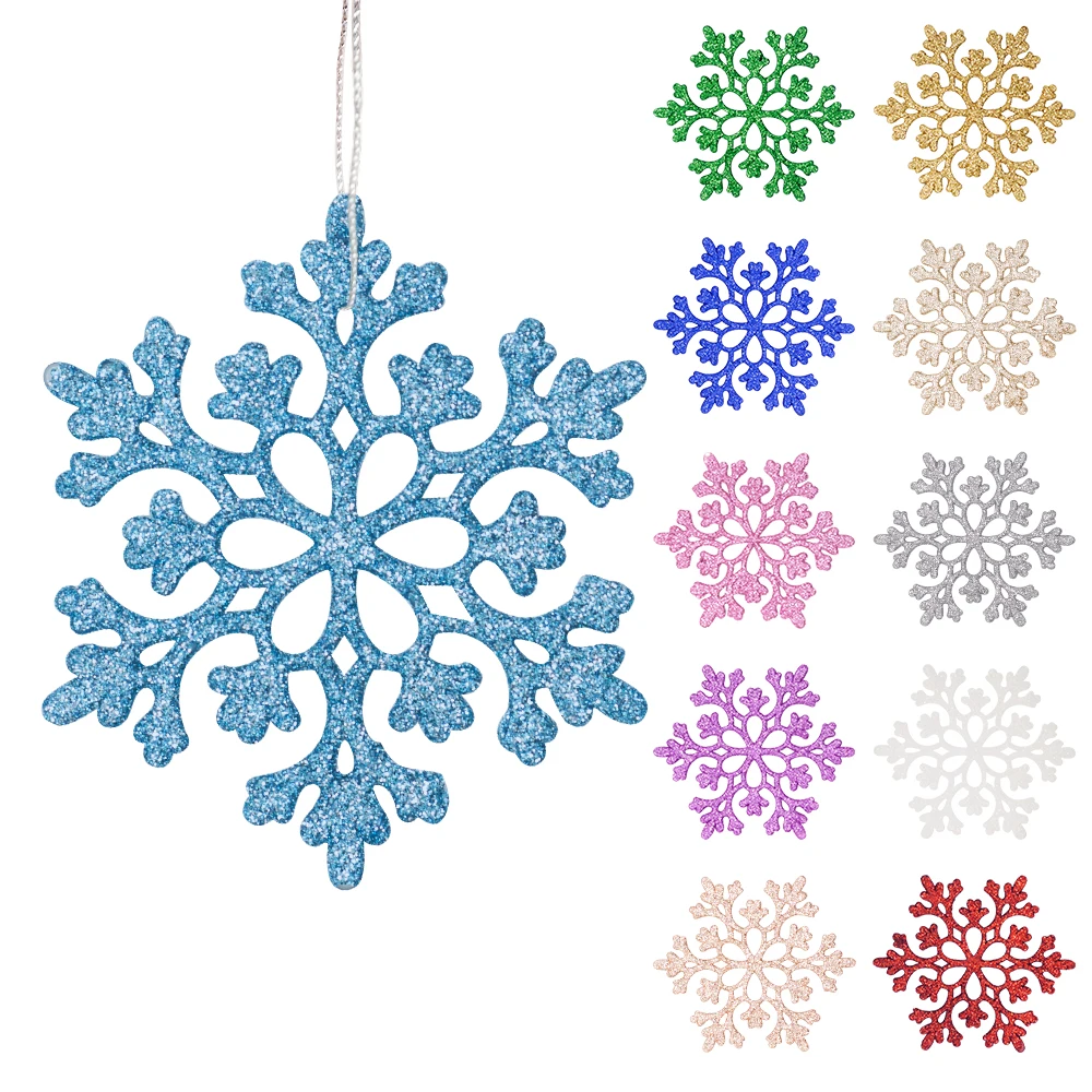 10pcs Christmas Glitter Snowflake Strings Christmas Tree Hanging Pendant Ornaments Decoration Party Fake Snowflake Decoration