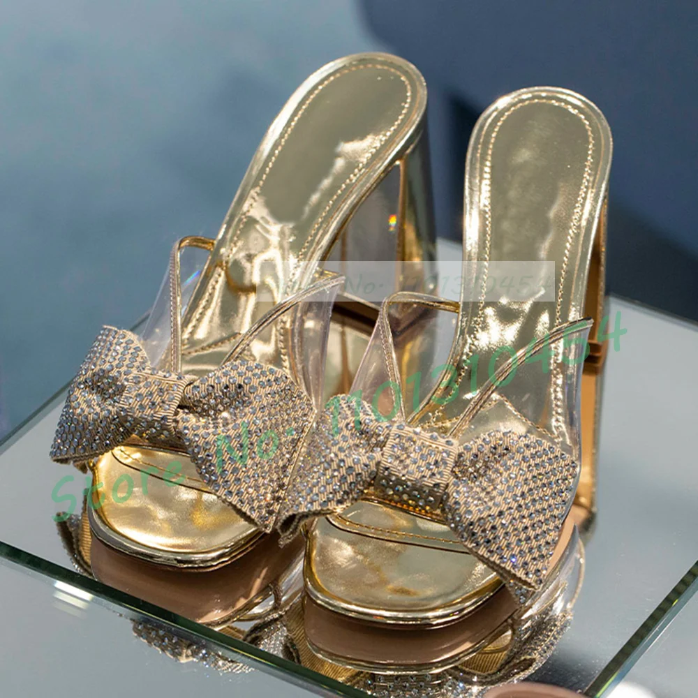 Gold Crystal Bow Pvc Slippers Women Peep Toe Sweet Clear Sparkling Med Heels Shoes Summer New In Female Casual Patent Slippers