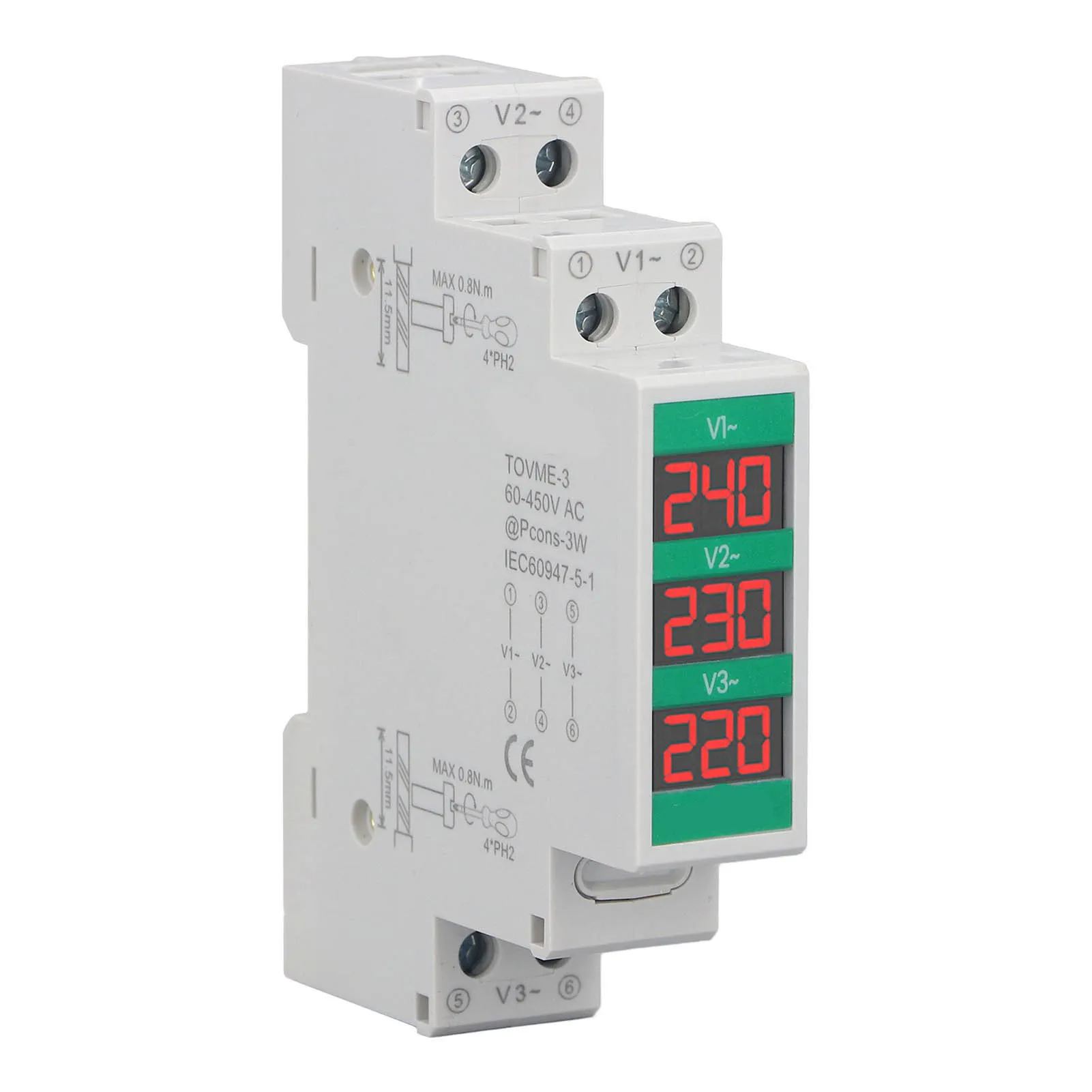 60‑450V 3 Phase AC Voltmeter Din Rail Mount LCD Digital Display Voltage Meter Electric Power Meter 60‑450V