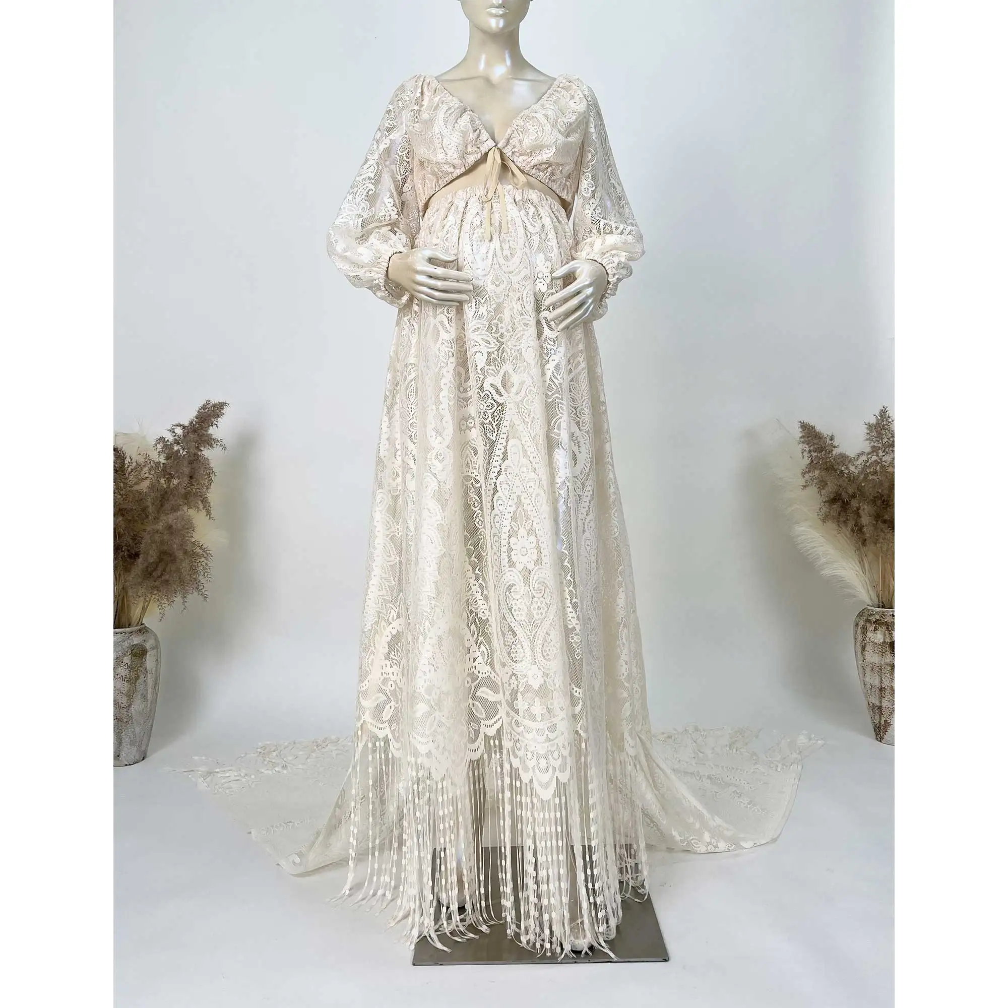 

Don&Judy Boho Wedding Dress Civil Bride Maternity Party Photo Shoot Lace With Tassels Country Style Long Sleeve Pregnancy Women