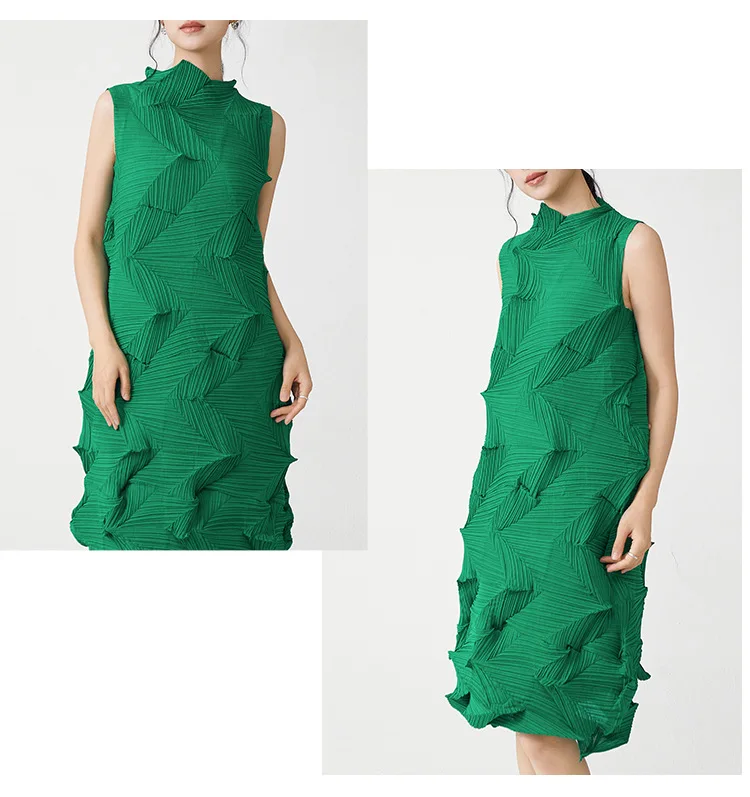 Miyake Plissierter Einfarbiger Rock 2025 Sommer Neues Kleid Elegantes Ärmelloses Loses Vielseitiges Midikleid – Detail 9