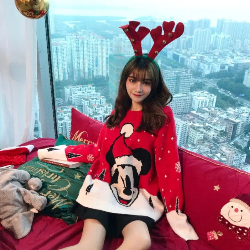 Mickey Red Christmas Sweater Women Loose Retro Spring Autumn Women Clothes Korean Fashion Y2k Tops Pullover for Girls 2025 New
