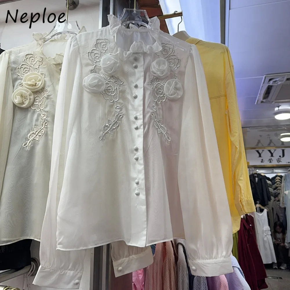 Neploe Korea Chic 3D Flower Puff Sleeve Crop Top Embroidery Spring Advanced French Style Hollow Out Shirt Minority Loose Mujer