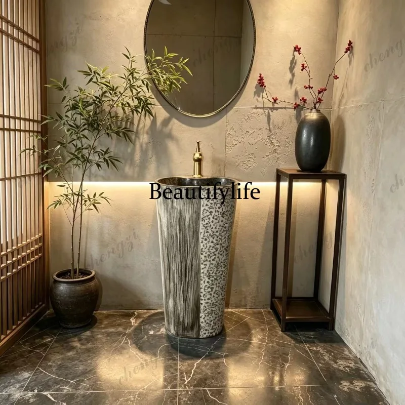 Outdoor Garden Ceramic Pillar Washbasin Integrated Floor-to-ceiling Bathroom Pillar Washbasin