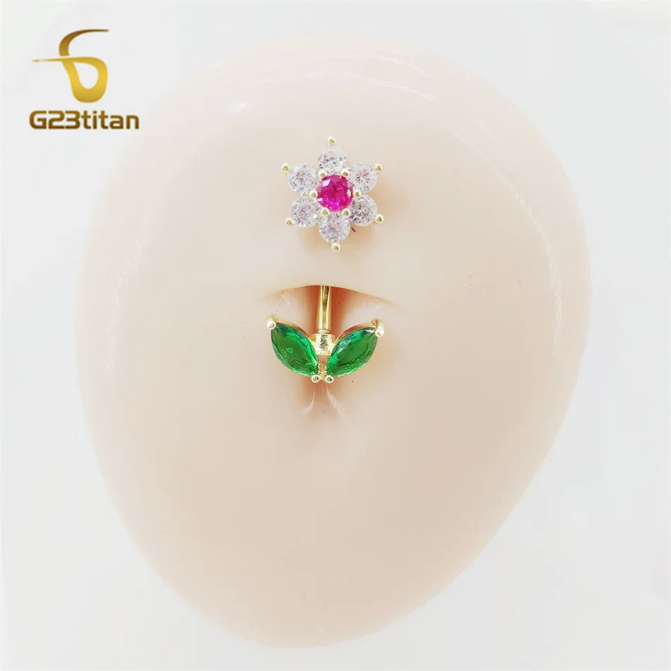 G23titan Zircon Flower Belly Button Ring Women Sexy Navel Piercing Jewelry Anti Allergic G23 Titanium Golden Accessories Ombligo