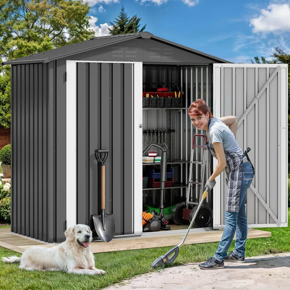 6x4ft Metal Outdoor Storage Shed, Lockable Tool Storage Sheds, Oversized Steel Garden Sheds with Sloped Roof, Customized