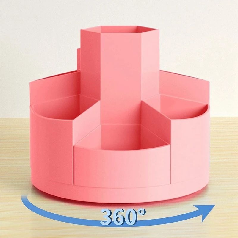 Rotating Pen Pencil Holder Desk-Organiser Pencil Pots Makeup Brush Holder + 11 Compartments For Home Pink