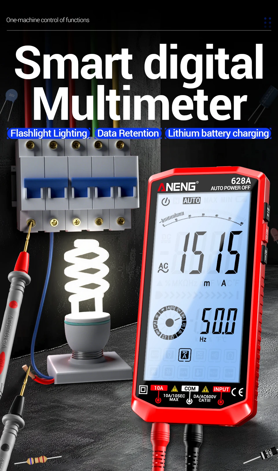 

ANENG 628A Digital Multimeter Tester Rechargable High Definition Backlit Large Screen,1000V/10A Bendable Probe Electrician Tools