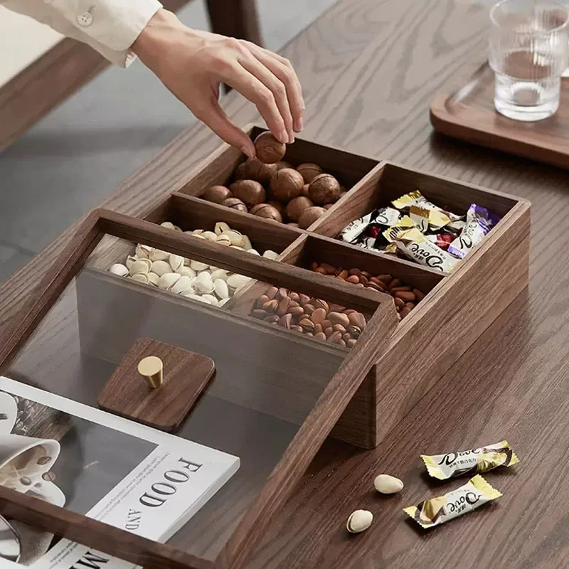 Luxury Solid Black Walnut Snack Box with Acrylic Lid, Divided Wooden Nut Serving Tray Kitchen Storage Organizer Farmhouse Decor