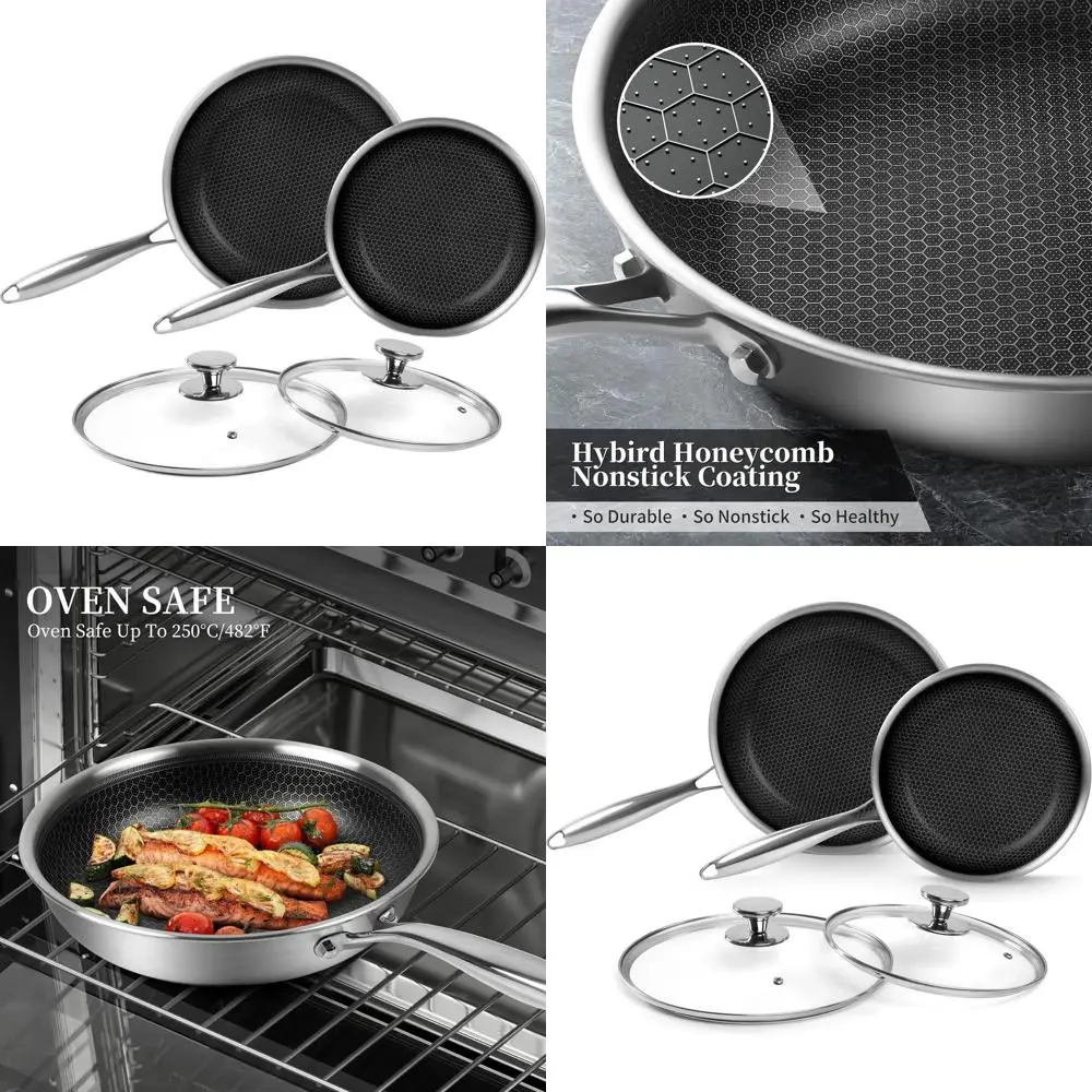 

Набор сковородок из нержавеющей стали с антипригарным покрытием в виде сот, 9,5 и 11 с крышкой, совместимый с индукционными и газовыми плитами
