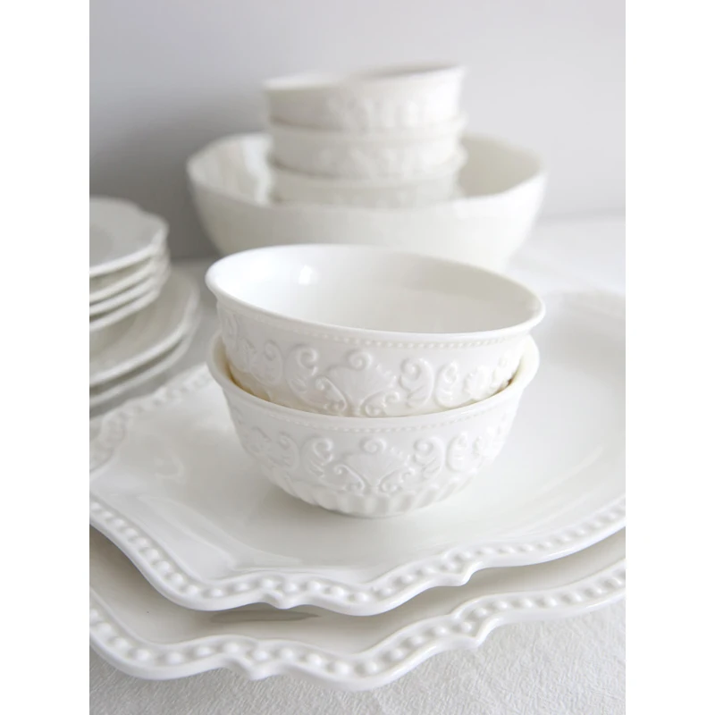 Creative Ceramic Bowl French Style Relief Solid Color Food Container Milk Oats Yogurt Fruit Salad Rice Breakfast Bowls