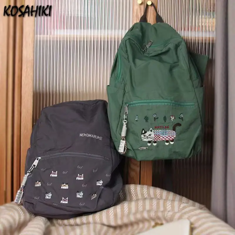 Japanese Kawaii Sweet Y2k Cat Embroidery Backpacks Grunge Vintage  Casual Travel Women Bags High-capacity Schoolbags Streetwear