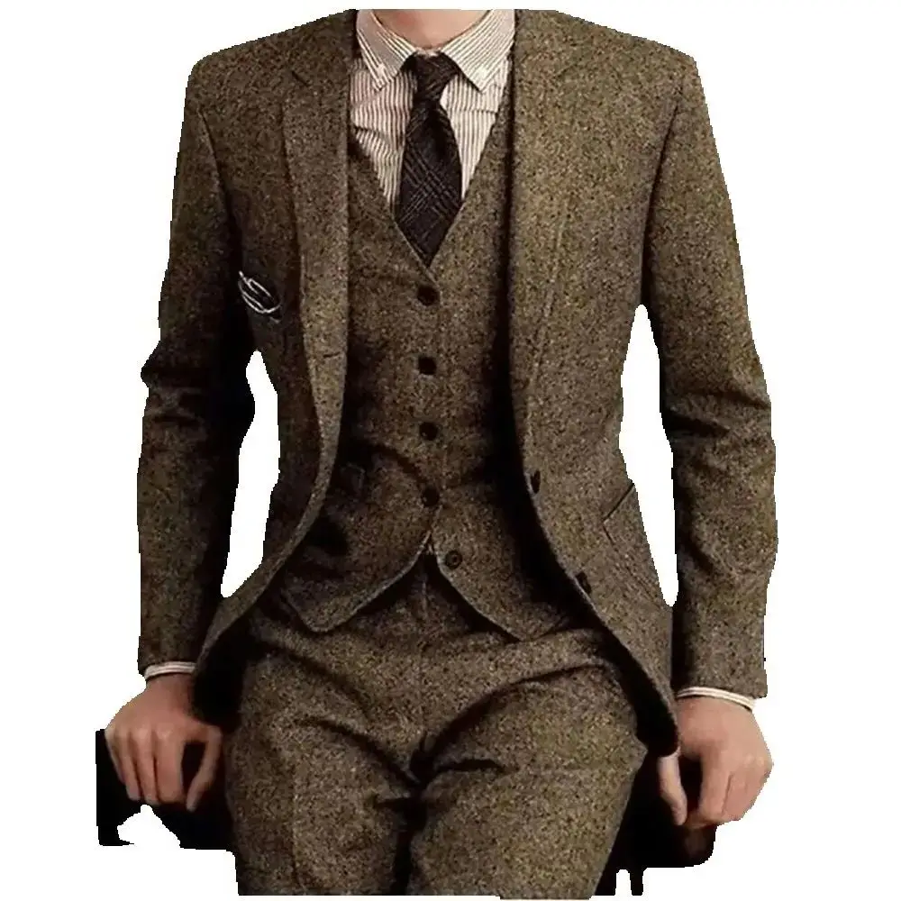 

Коричневые шерстяные твидовые мужские костюмы, деловой костюм из трех предметов, нежный мужской свадебный костюм жениха, пиджак, мужской костюм (куртка + брюки + жилет)