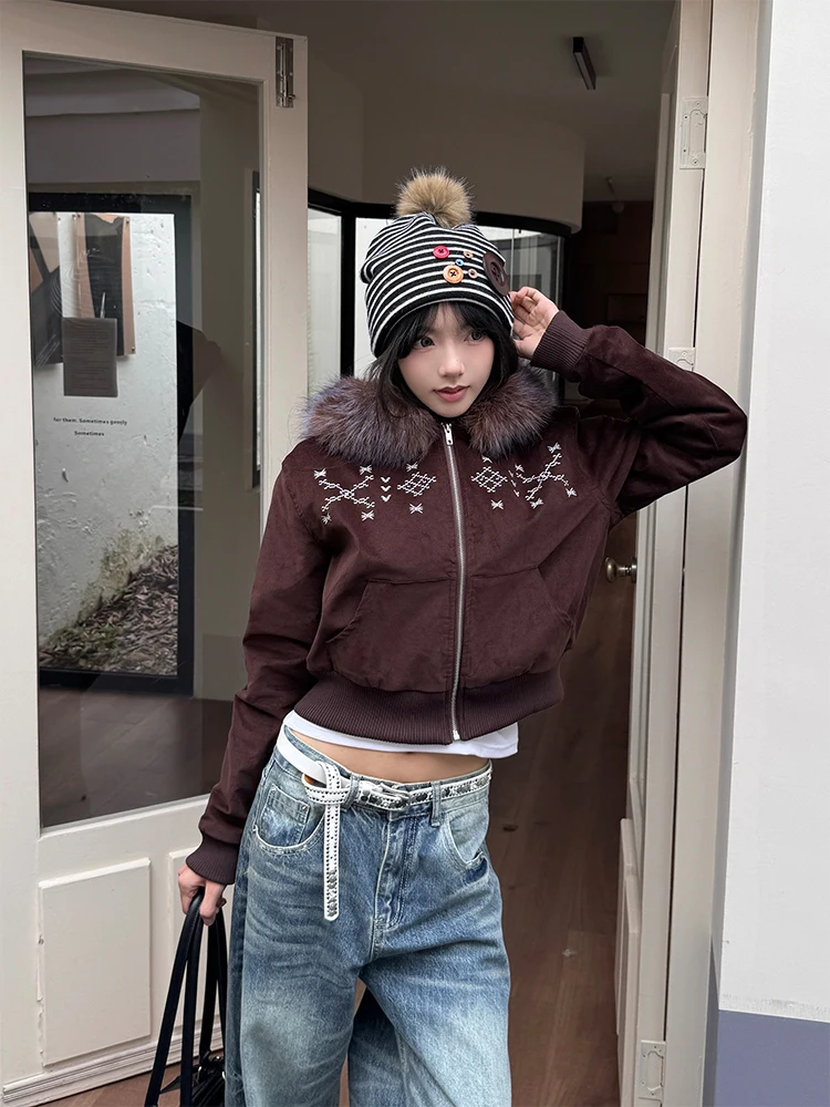 

Зимнее пальто URKR с вышивкой «Снежинка», меховым воротником, утепленное, на хлопковой подкладке, в американском ретро-стиле, модное, для девушек