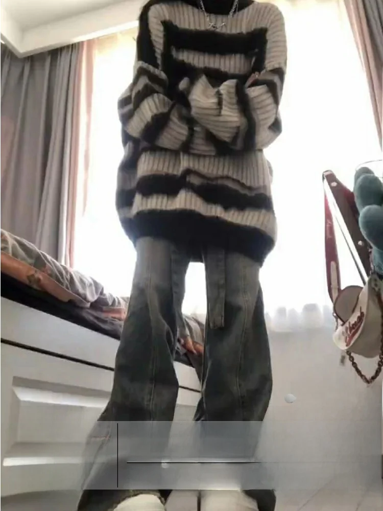 

Джинсы с высокой талией и широкими штанинами, женские свободные прямые брюки длиной до пола, модные американские брюки в стиле ретро с дизайном пояса