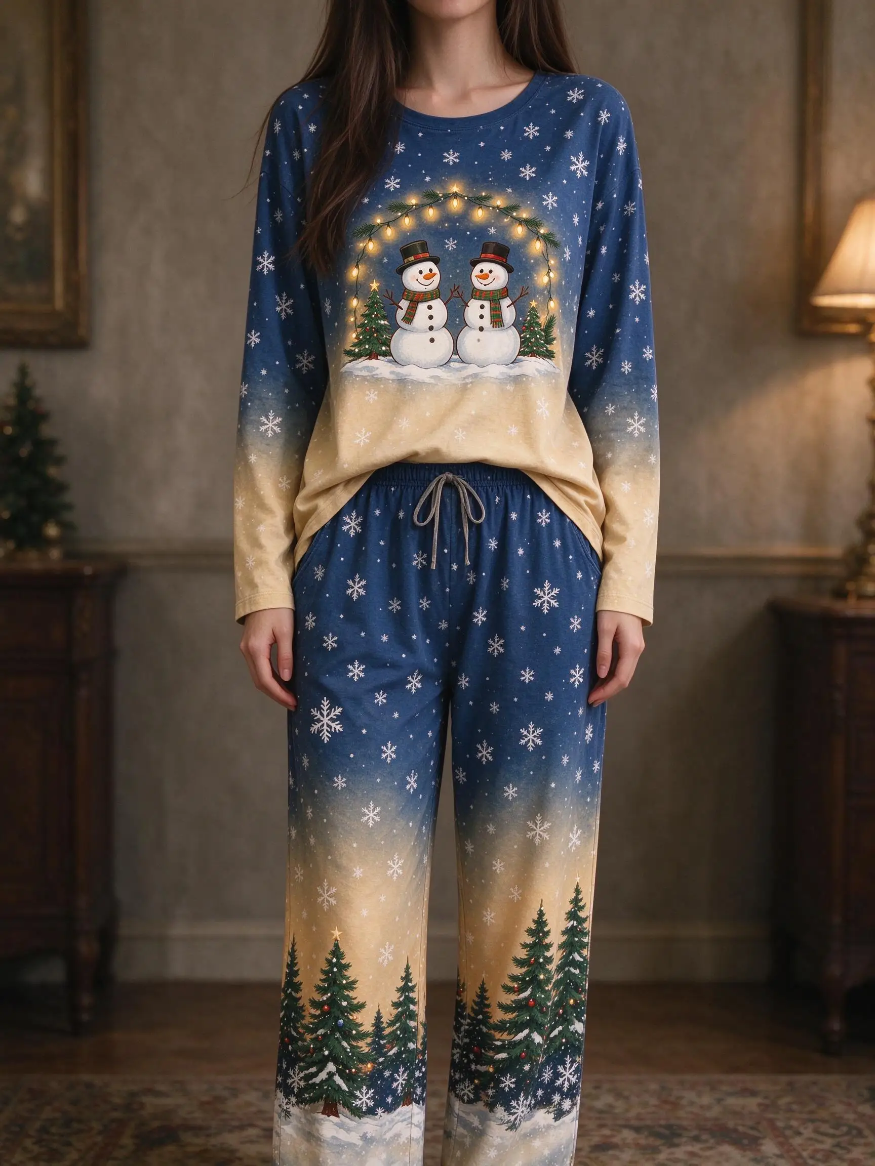 Women Imitation Cotton Pajama Set Christmas Snowman Tree Print Round Neck Long Sleeve 2PCS Sleepwear Loungewear