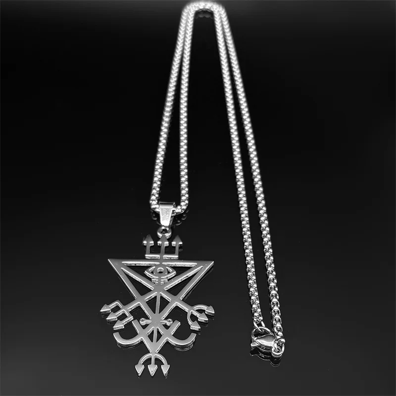 Sigil Church of Satan Trident Stainless Steel Necklace Seal of Lucifer LaVey Hidden Devil Eye Silver Color Long Necklace Jewelry