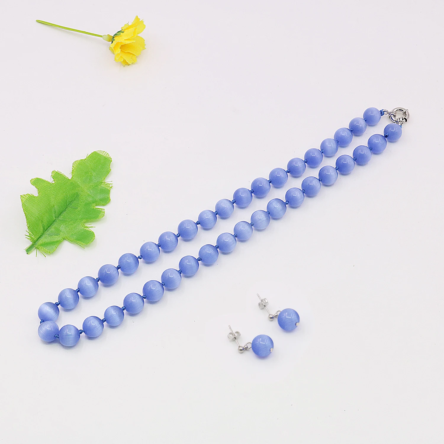 10mm Natural Blue Cat\'s Eye Stone Round Beads Necklace/Earring Sets Transparent,Opal Jewelry 18inch,Round Button,Gift for Women