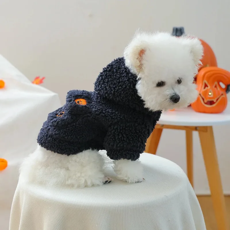 1 قطعة سترة رأس اليقطين هالوين ملابس الحيوانات الأليفة الكلب القط الصوف سميكة شتاء دافئ أسود مقنعين سترة