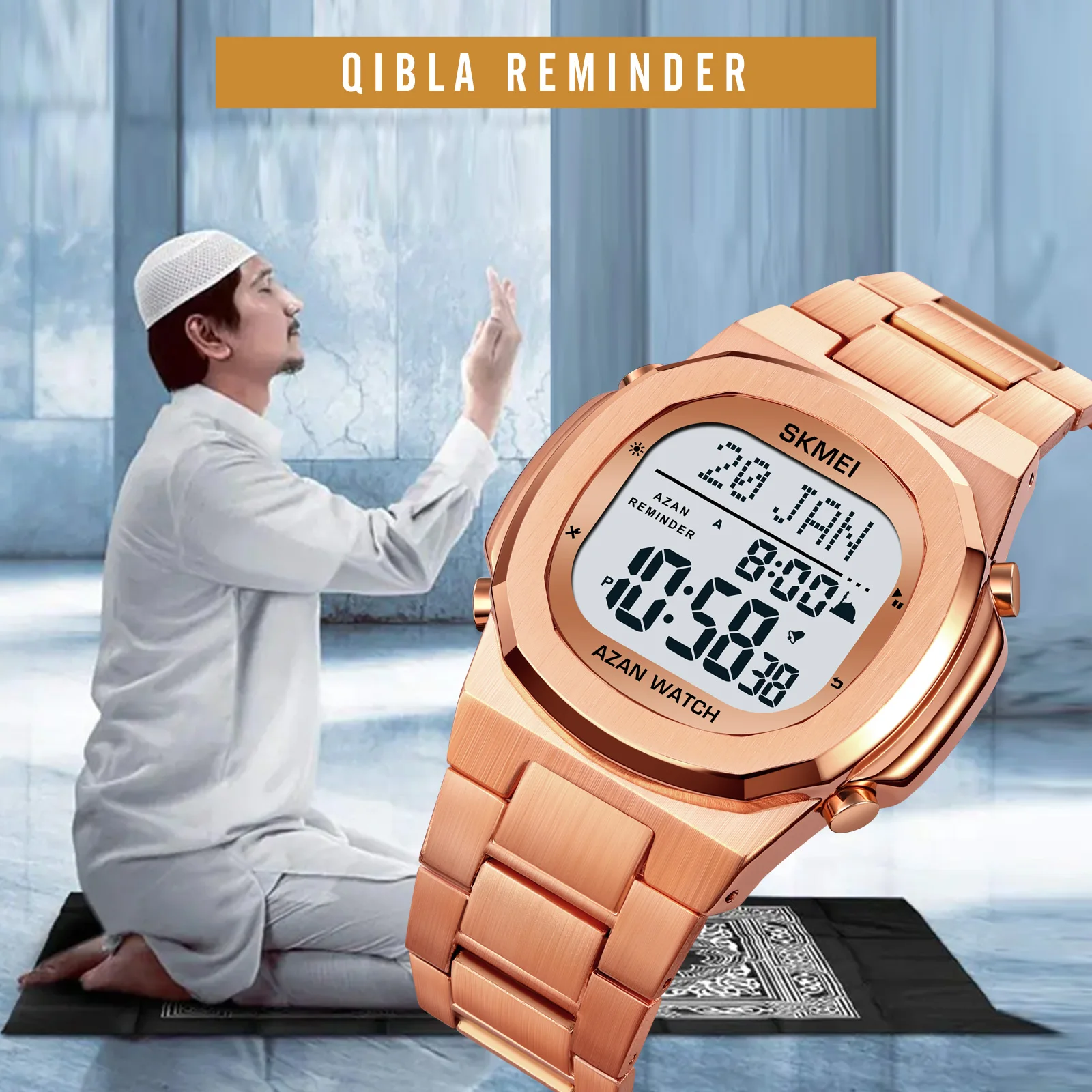 SKMEI Luxury Stainless Steel Muslim Azan Digital Men Watches for Prayer with Qibla Compass Adhan Alarm Hijri Islamic Wristwatch