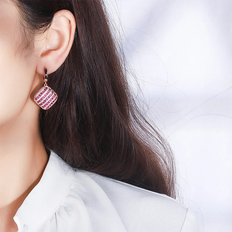 Korean- elegant women's colorful gemstones, European and American style stud earrings with pigeon blood red a