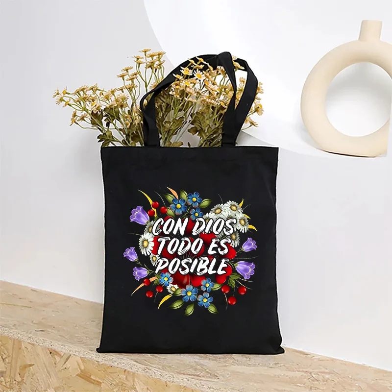 Con Dios Todo Es Posible Print Shopping Bag Best Religious Inspirational Gifts for Catholic Spanish Tote Bags Shoulder Bags