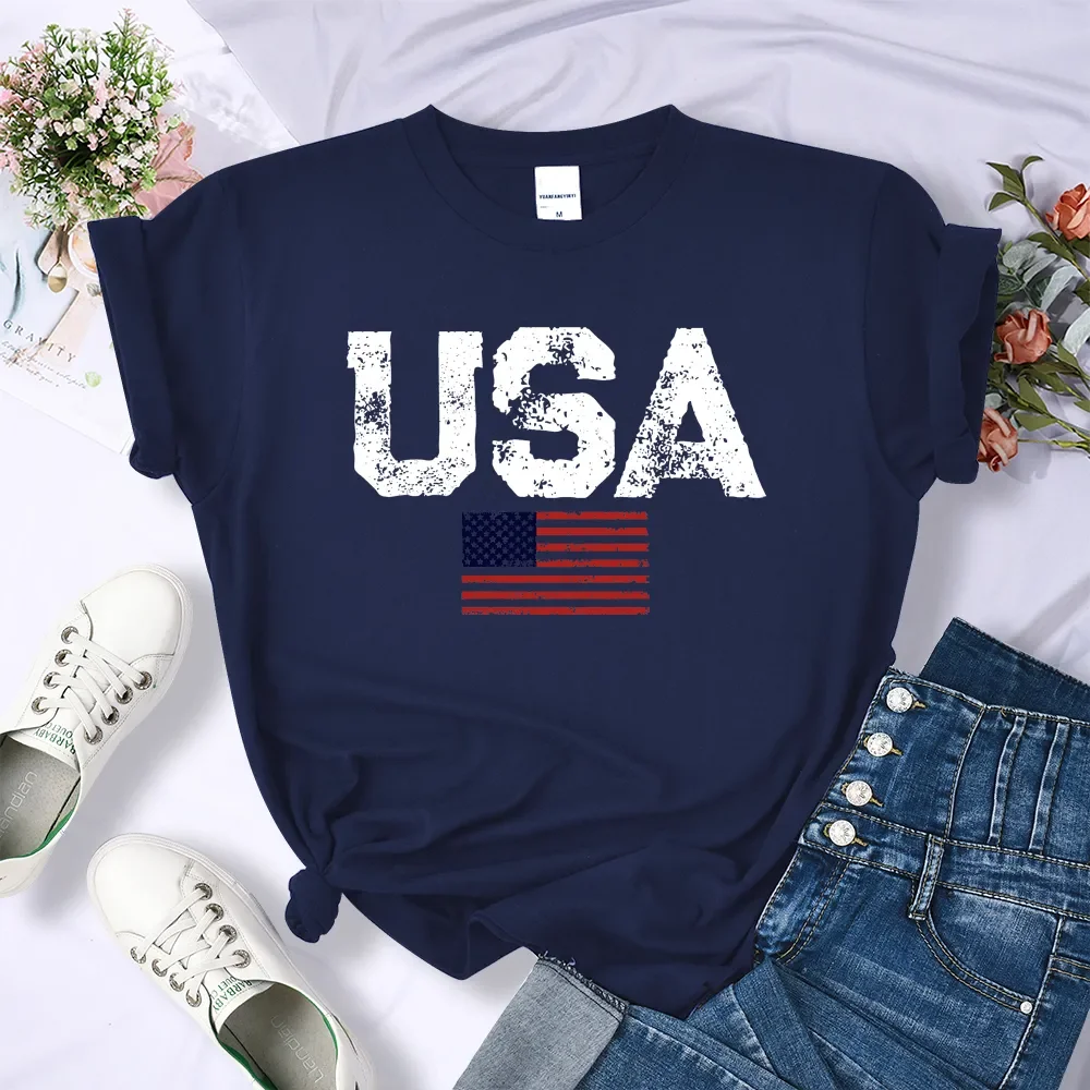 O-Neck Simples Retro Tops para Mulheres, Letras dos EUA, Bandeira Americana, Estrelas e Listras Imprime Roupas, Camisetas Soltas, Personalidade