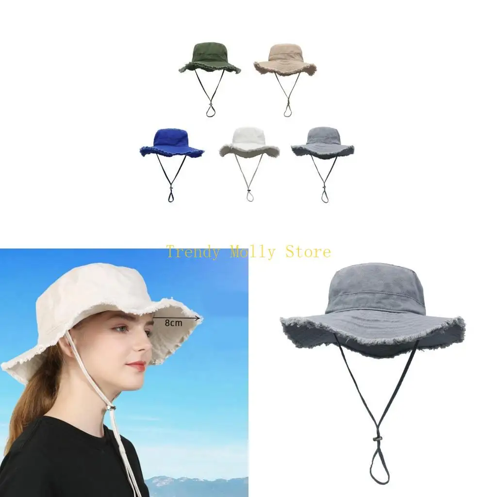 

N5KB Frayed Design Fisherman Hat with Adjust Chin Rope Anti-Uv Fisherman Hat for Adult Teenagers Wide Brim Bucket Hat